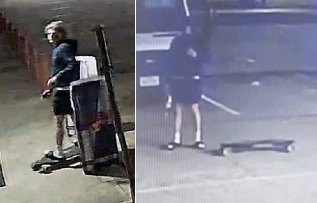 Two-photo camera footage collage of a male suspect at a parking lot. The blonde haired, male suspect is on a green skateboard wearing a dark hoodie, shorts, sliders and white socks. 